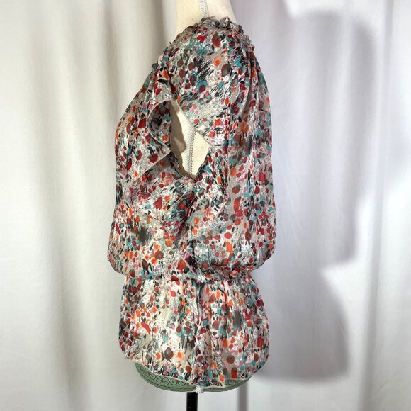 Abstract Floral Print Blouse Size M Short Batwing Sleeves Sheer Multi Color - Picture 5 of 12